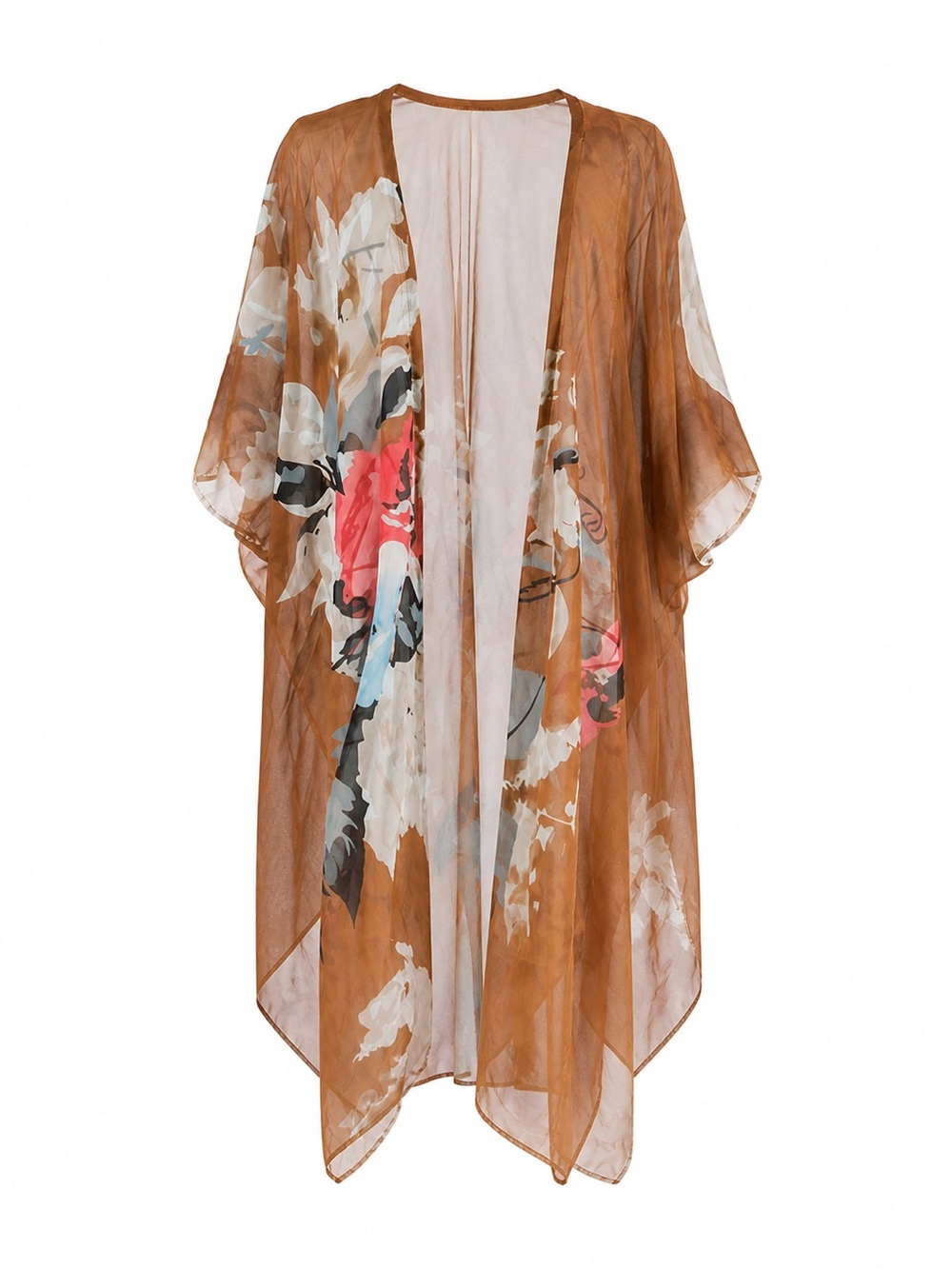 Floral Sheer Flowy Kimono Jacket Cardigan Cover Up Brown OS
